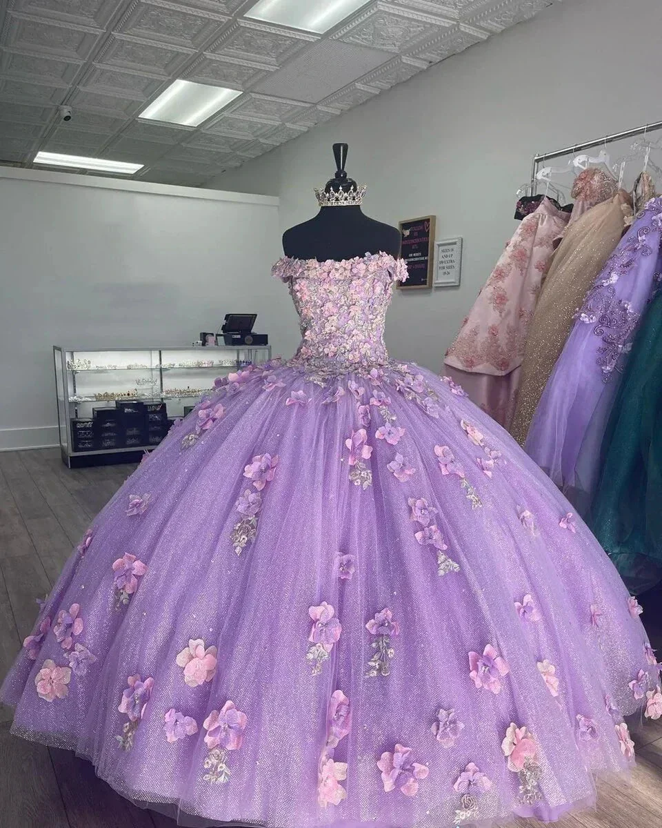 Lavender Applique Off Shoulder Shiny Elegant Tulle Ball Gown 3D Flowers Princess Dress Sweet 15th Y285 - Image 2