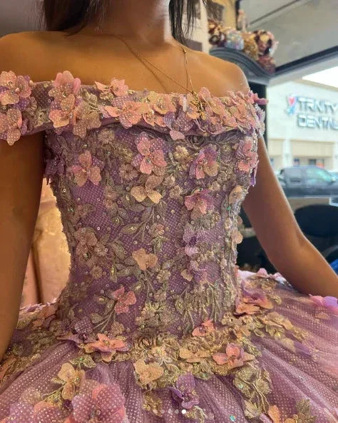 Lavender Applique Off Shoulder Shiny Elegant Tulle Ball Gown 3D Flowers Princess Dress Sweet 15th Y285 - Image 3