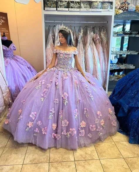 Lavender Applique Off Shoulder Shiny Elegant Tulle Ball Gown 3D Flowers Princess Dress Sweet 15th Y285 - Image 4