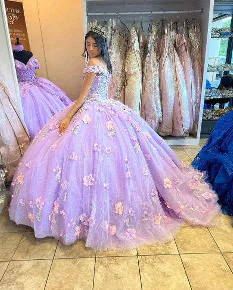 Lavender Applique Off Shoulder Shiny Elegant Tulle Ball Gown 3D Flowers Princess Dress Sweet 15th Y285 - Image 5