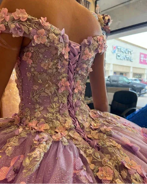 Lavender Applique Off Shoulder Shiny Elegant Tulle Ball Gown 3D Flowers Princess Dress Sweet 15th Y285 - Image 6