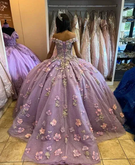 Lavender Applique Off Shoulder Shiny Elegant Tulle Ball Gown 3D Flowers Princess Dress Sweet 15th Y285 - Image 7