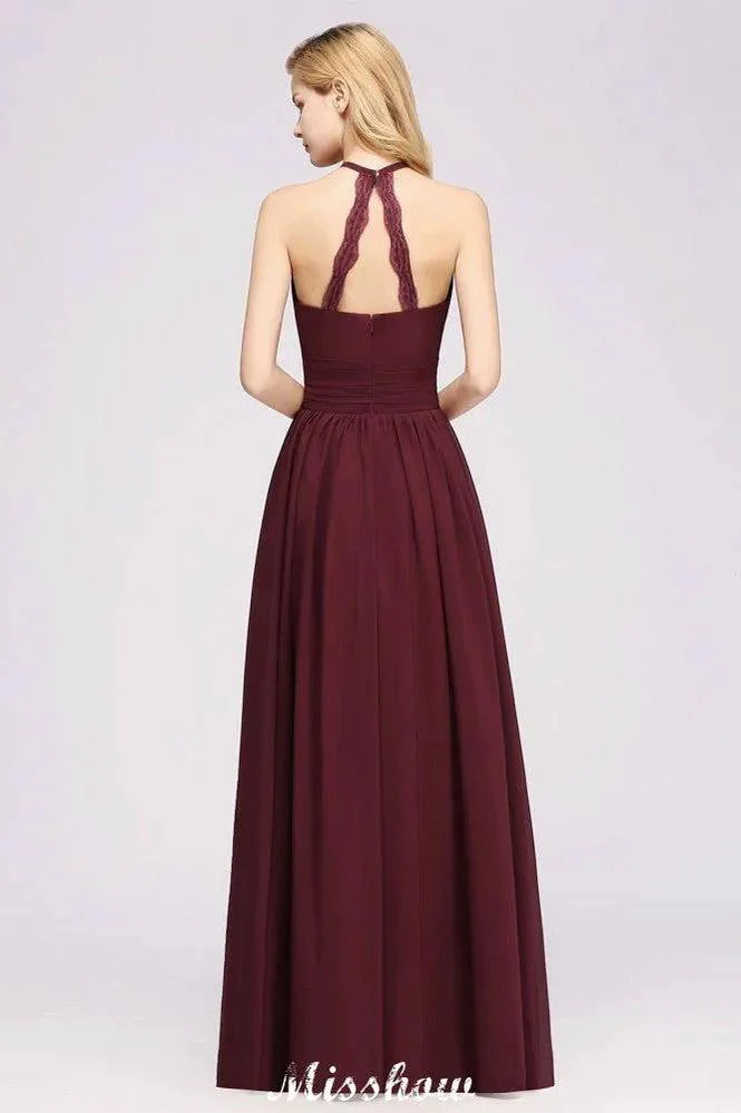 Appliques Halter Sleeveless Floor-Length Bridesmaid Dresses with Ruffles A-line Chiffon Evening Maxi Dress - Image 2