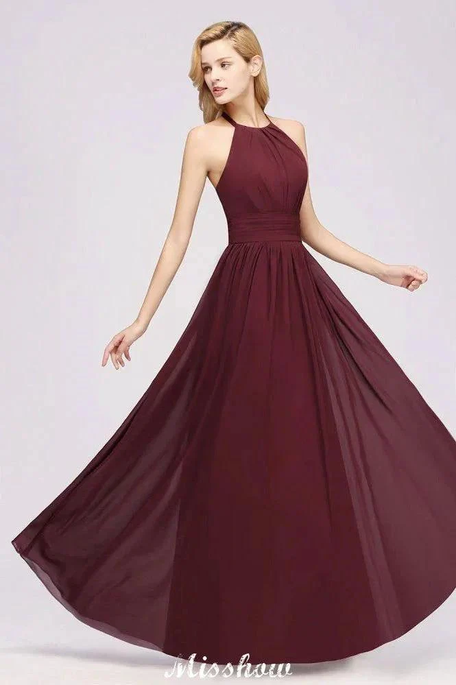 Appliques Halter Sleeveless Floor-Length Bridesmaid Dresses with Ruffles A-line Chiffon Evening Maxi Dress - Image 3