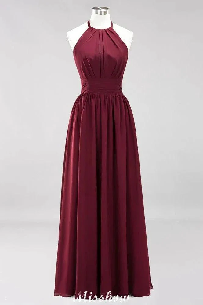 Appliques Halter Sleeveless Floor-Length Bridesmaid Dresses with Ruffles A-line Chiffon Evening Maxi Dress - Image 6