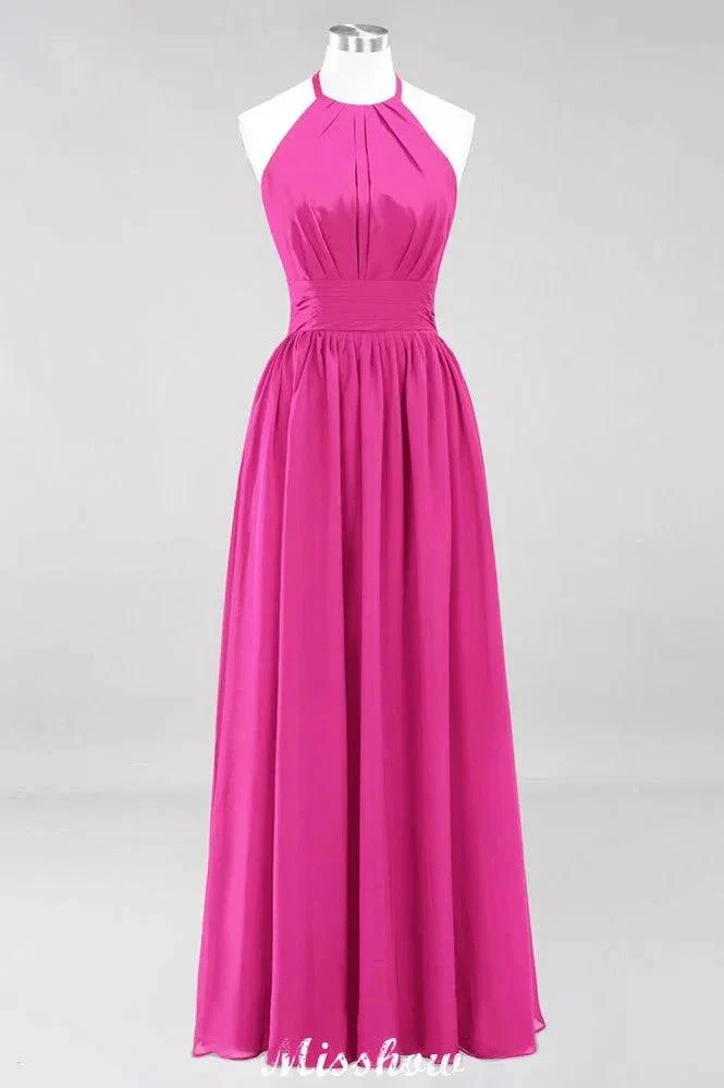 Appliques Halter Sleeveless Floor-Length Bridesmaid Dresses with Ruffles A-line Chiffon Evening Maxi Dress - Image 7