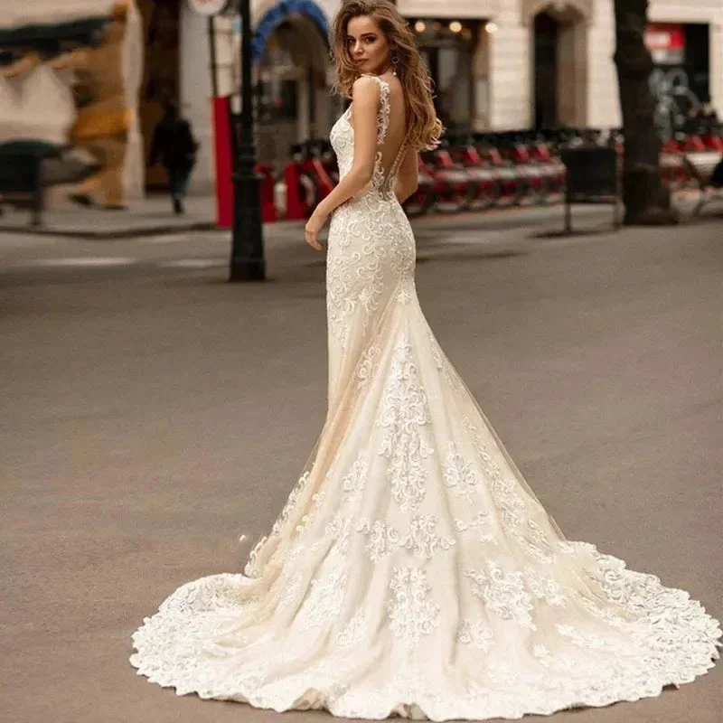 Appliques Vestido De Noiva Deep V-neck Mermaid Vestidos De Novia Vintage Wedding Dresses Lace Robe De Mariée - Image 2