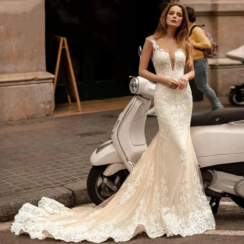 Appliques Vestido De Noiva Deep V-neck Mermaid Vestidos De Novia Vintage Wedding Dresses Lace Robe De Mariée - Image 3