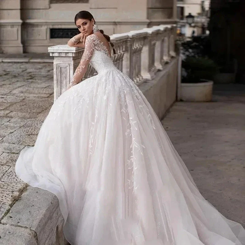 Appliques Vestido De Noiva Deep V-neck Vestidos De Novia Long Sleeves Wedding Dresses Lace Robe De Mariée - Image 2