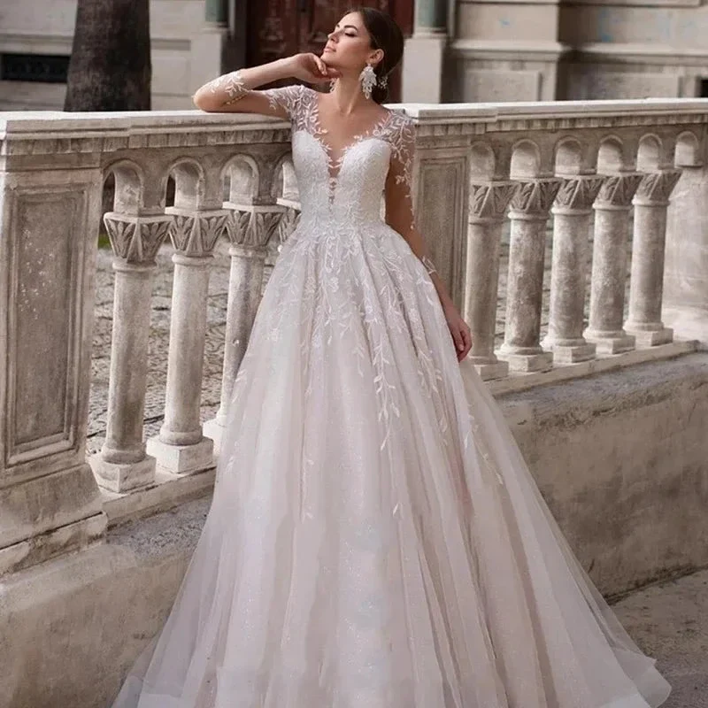 Appliques Vestido De Noiva Deep V-neck Vestidos De Novia Long Sleeves Wedding Dresses Lace Robe De Mariée - Image 3