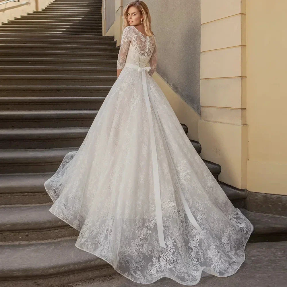 Appliques Vestido De Noiva Ribbons Belt Vestidos De Novia Three Quarter Sleeve Wedding Dresses Lace Robe De Mariée - Image 2