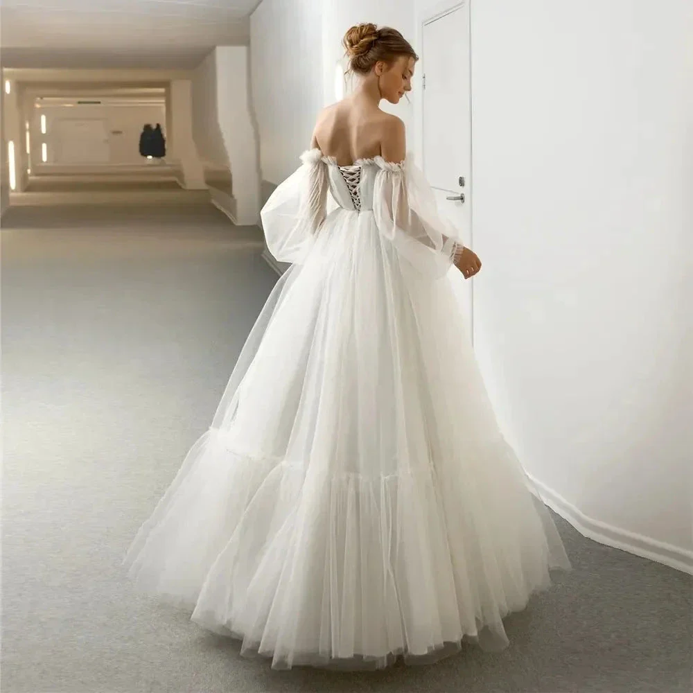 Appliques Vestido De Noiva Sexy Backless A Line Vestidos De Novia Bishop Sleeve Wedding Dresses Lace Robe De Mariée - Image 2