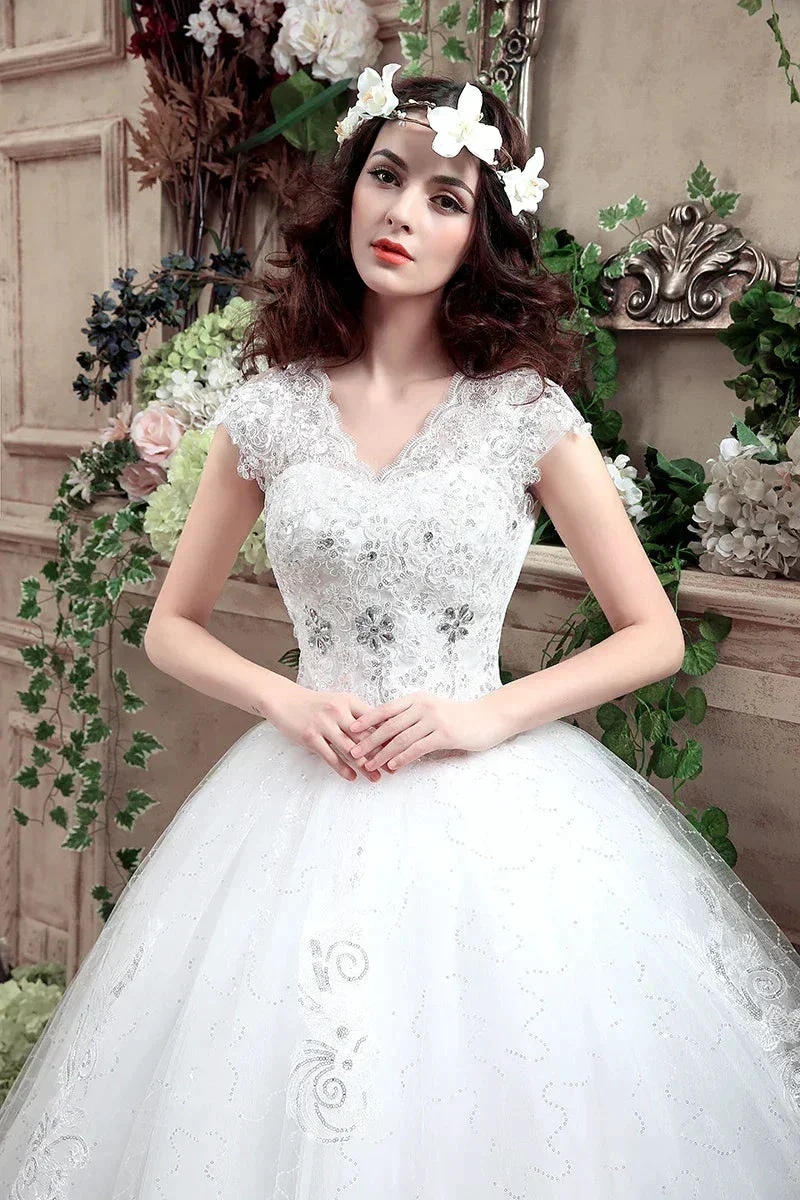 Applqiues Vestido De Noiva Cap Sleeve Wedding Dresses V-neck Vestidos De Novia - Image 3