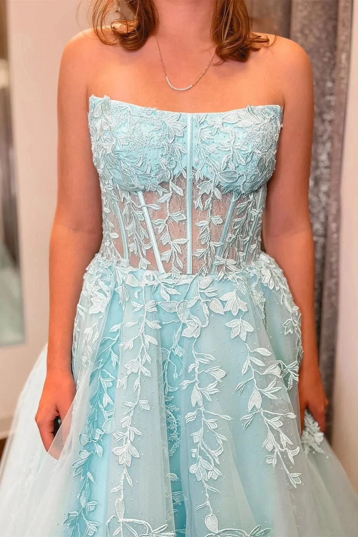Nell | Aqua Blue Appliques Strapless A-Line Long Prom Dress - Image 2