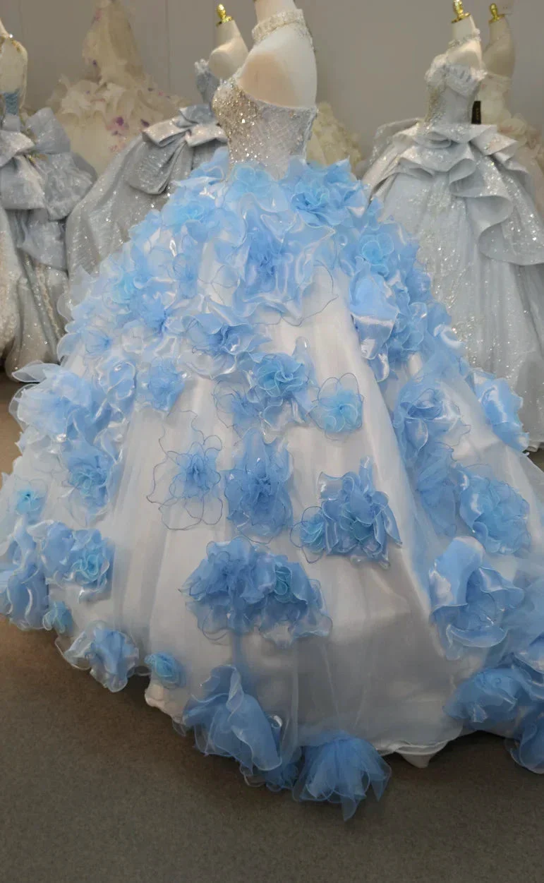 Enchanting Light Blue Strapless Ball Gown Wedding Dress with Crystal Beaded Bodice & 3D Organza Flowers Ye-2024 - Image 3