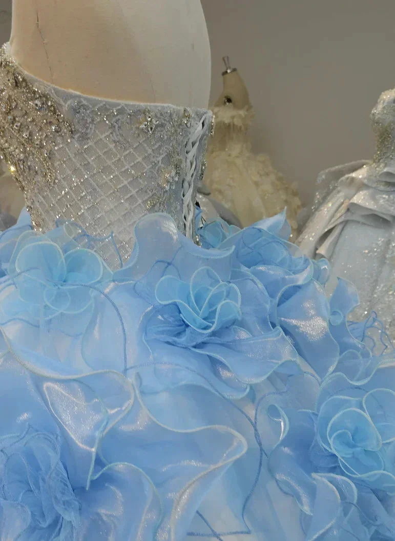 Enchanting Light Blue Strapless Ball Gown Wedding Dress with Crystal Beaded Bodice & 3D Organza Flowers Ye-2024 - Image 4