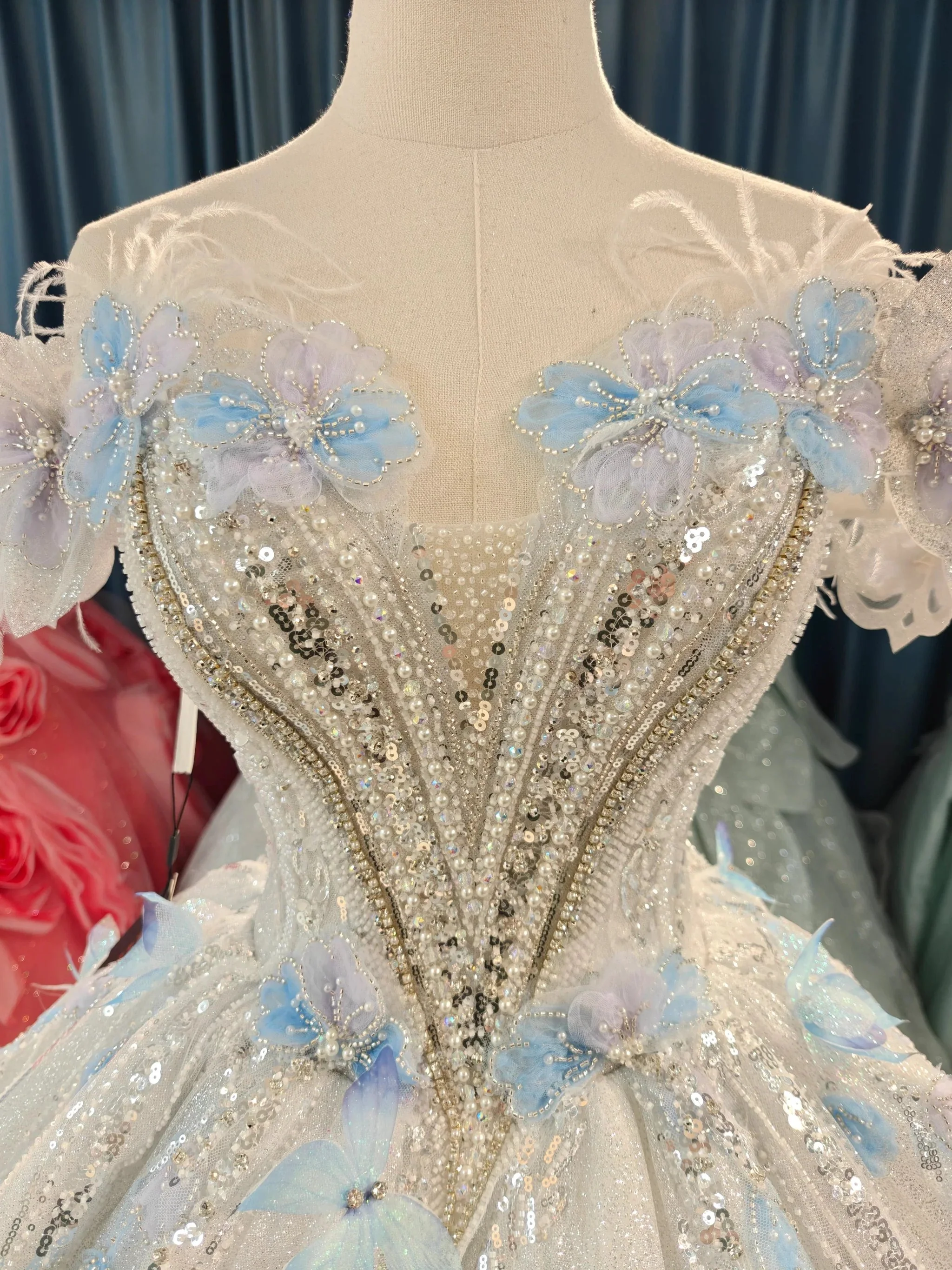 Ethereal Off-the-Shoulder Ball Gown Wedding Dress with Sequin Tulle, 3D Pastel Florals & Feather Accents Ye-2028 - Image 2