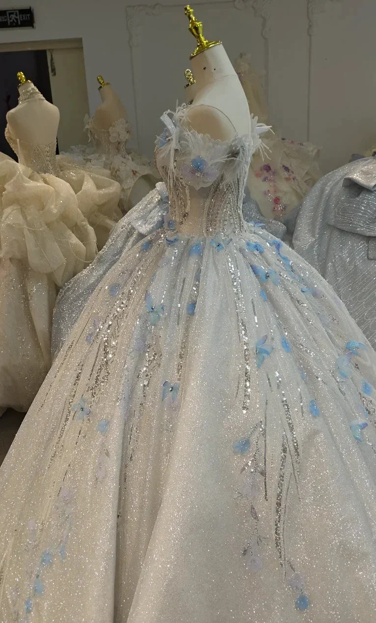 Ethereal Off-the-Shoulder Ball Gown Wedding Dress with Sequin Tulle, 3D Pastel Florals & Feather Accents Ye-2028 - Image 3