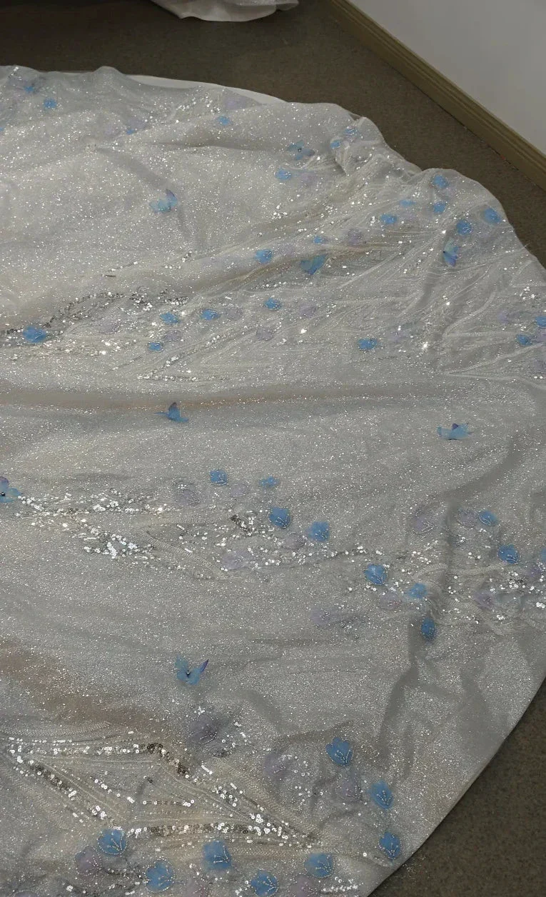 Ethereal Off-the-Shoulder Ball Gown Wedding Dress with Sequin Tulle, 3D Pastel Florals & Feather Accents Ye-2028 - Image 4