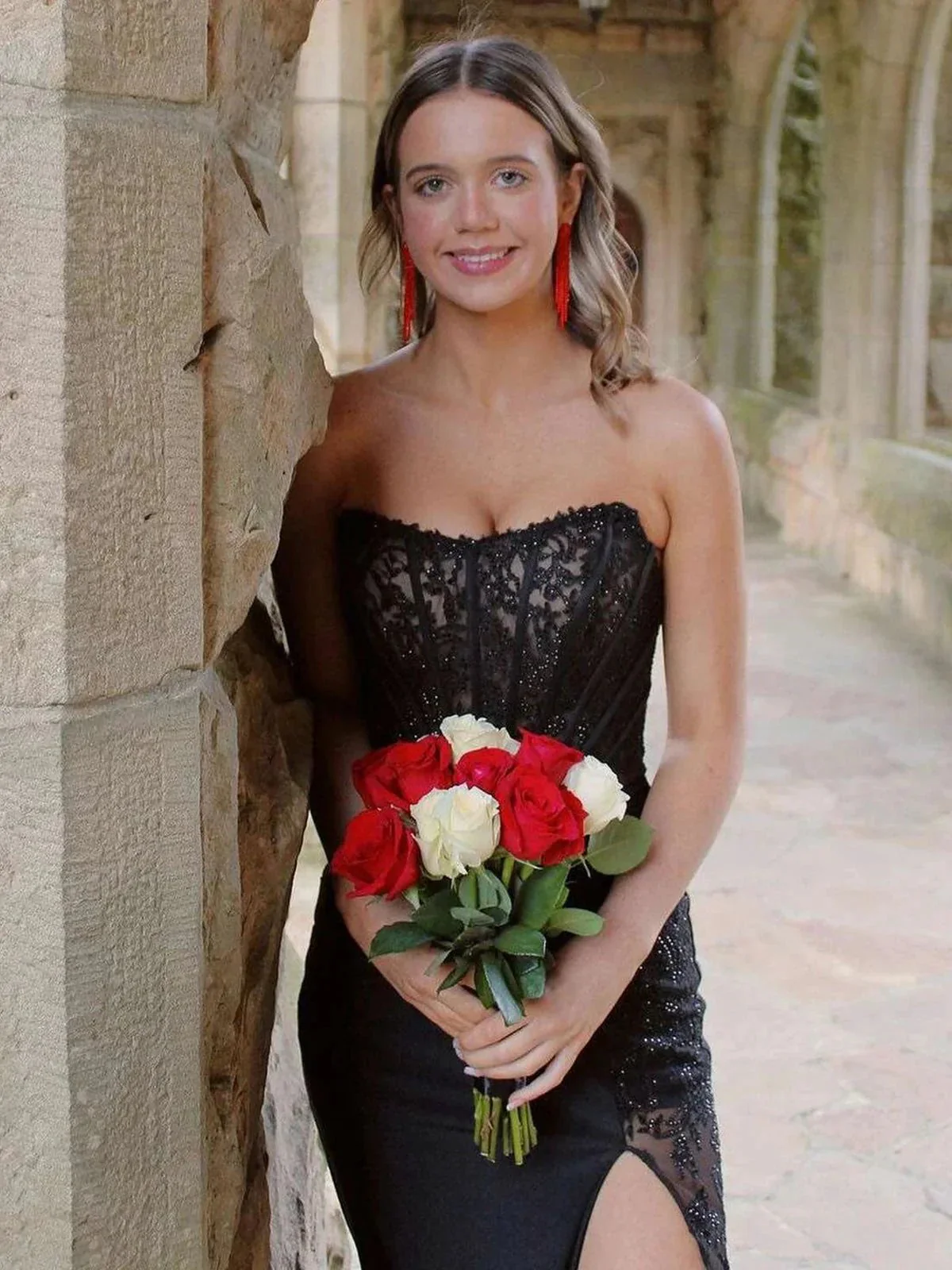Arabelle | Mermaid Strapless Black Appliques Long Prom Dress with Slit - Image 3