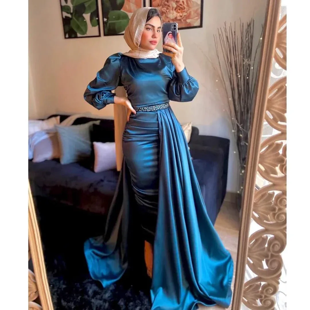 Arabic Evening Dress Muslim High Neck Waist Beaded Long Sleeves Y4937 - Image 2
