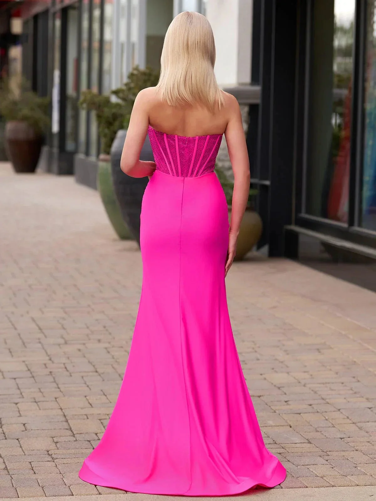 Arana| Fuchsia Mermaid Strapless Satin Long Prom Dresses With Beading - Image 2