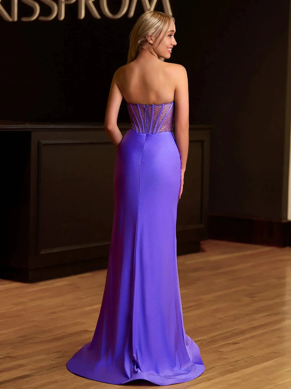 Arana| Fuchsia Mermaid Strapless Satin Long Prom Dresses With Beading - Image 5
