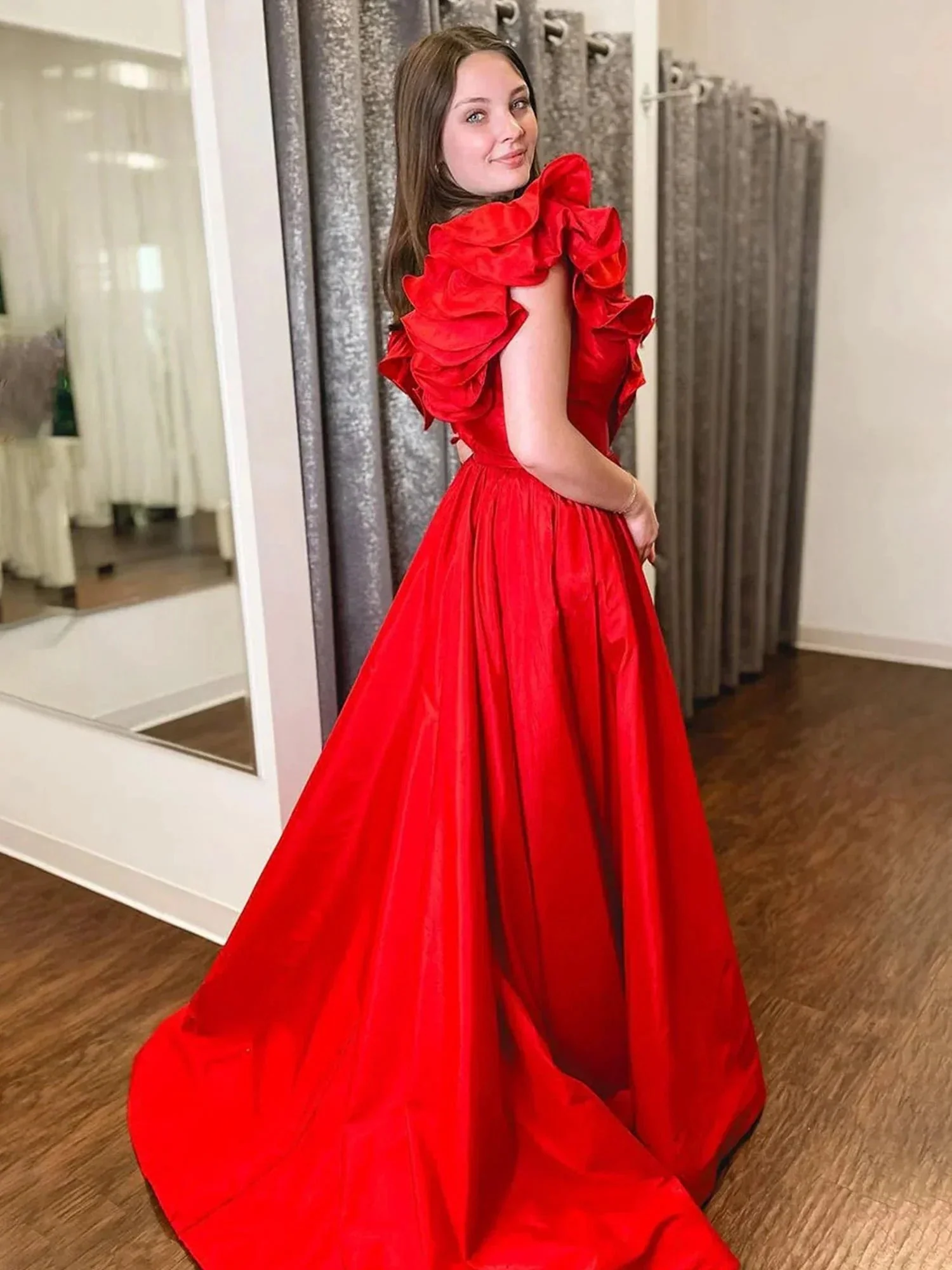 Arden | Red Ruffle V Neck Satin A-Line Long Prom Dresses - Image 2