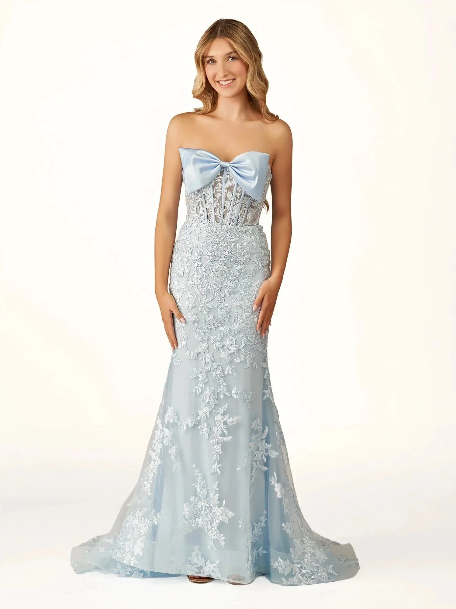 Arvin | Strapless Red Mermaid Lace Appliques Long Prom Dress with Bow - Image 2