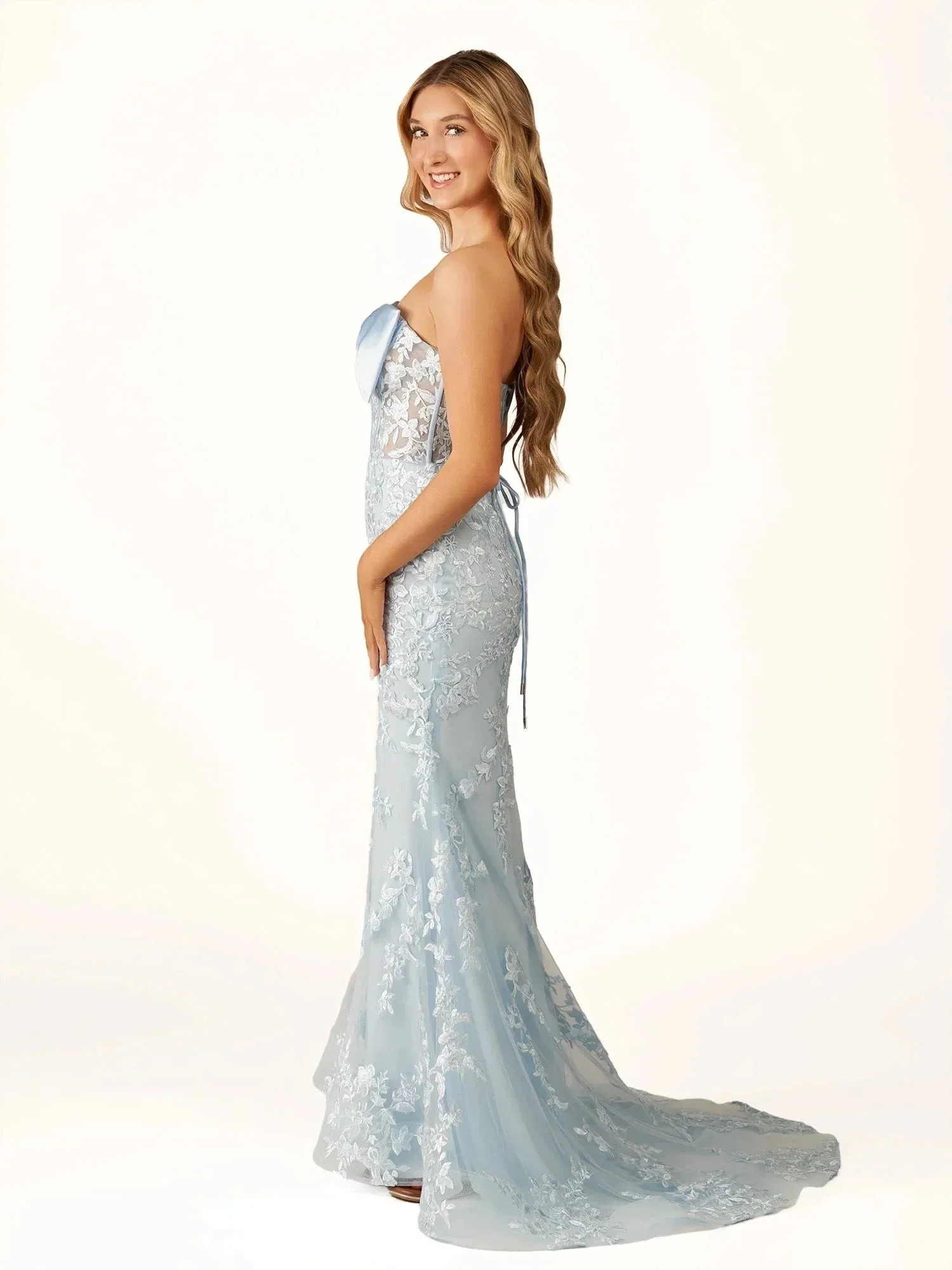 Arvin | Strapless Red Mermaid Lace Appliques Long Prom Dress with Bow - Image 3