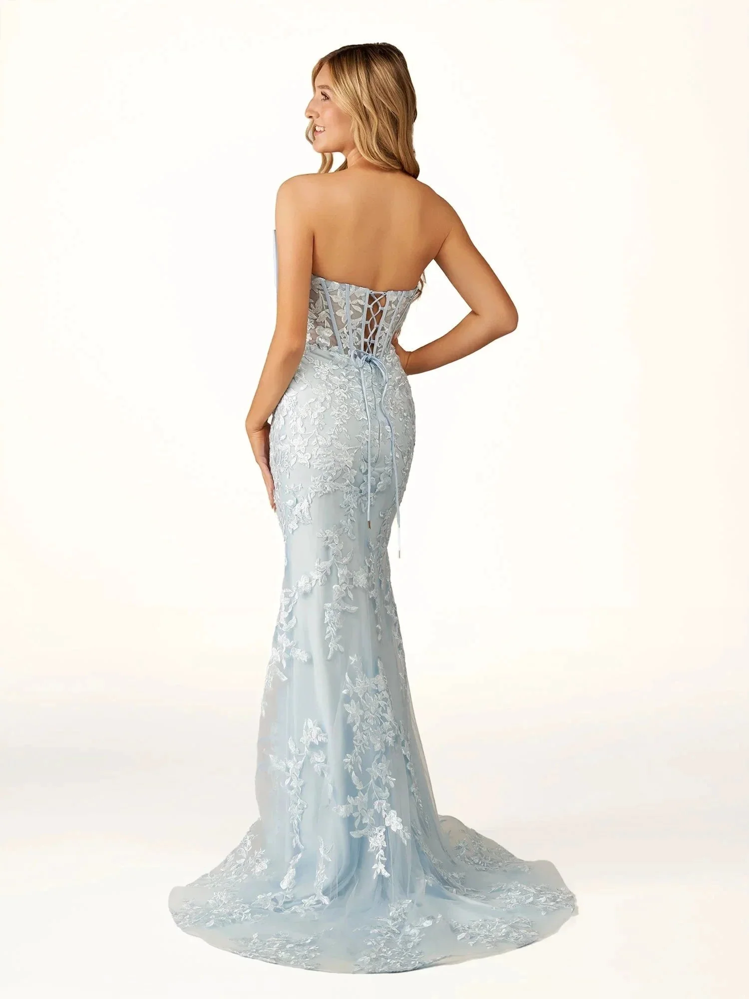 Arvin | Strapless Red Mermaid Lace Appliques Long Prom Dress with Bow - Image 4