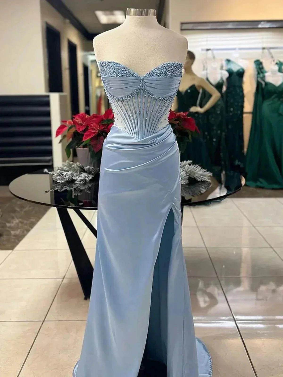 Astraea | Mermaid Strapless Blue Beaded Ruched Long Prom Dress with Slit - Image 3
