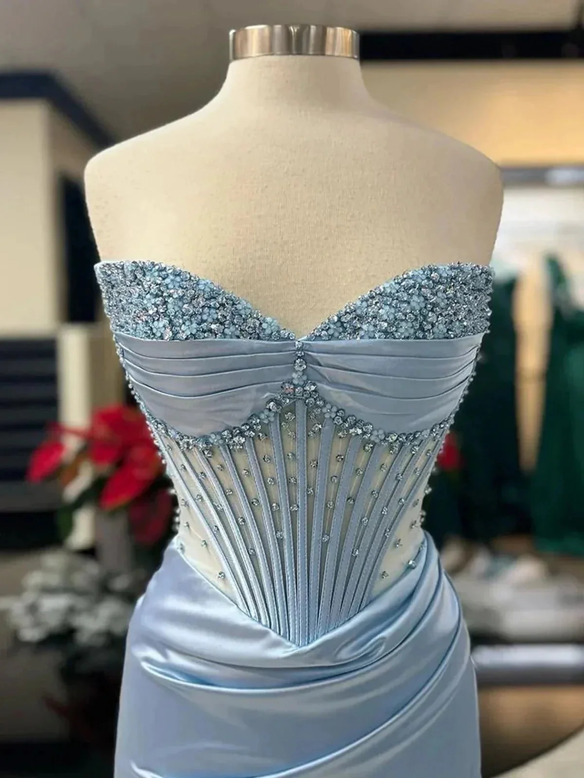 Astraea | Mermaid Strapless Blue Beaded Ruched Long Prom Dress with Slit - Image 4