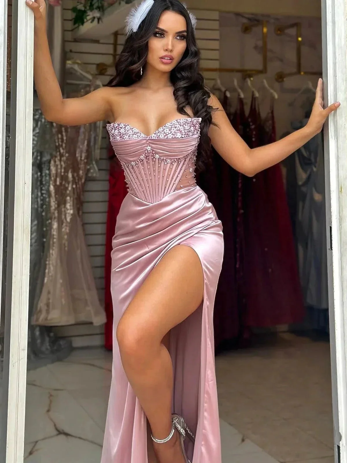 Astraea | Mermaid Strapless Blue Beaded Ruched Long Prom Dress with Slit - Image 5