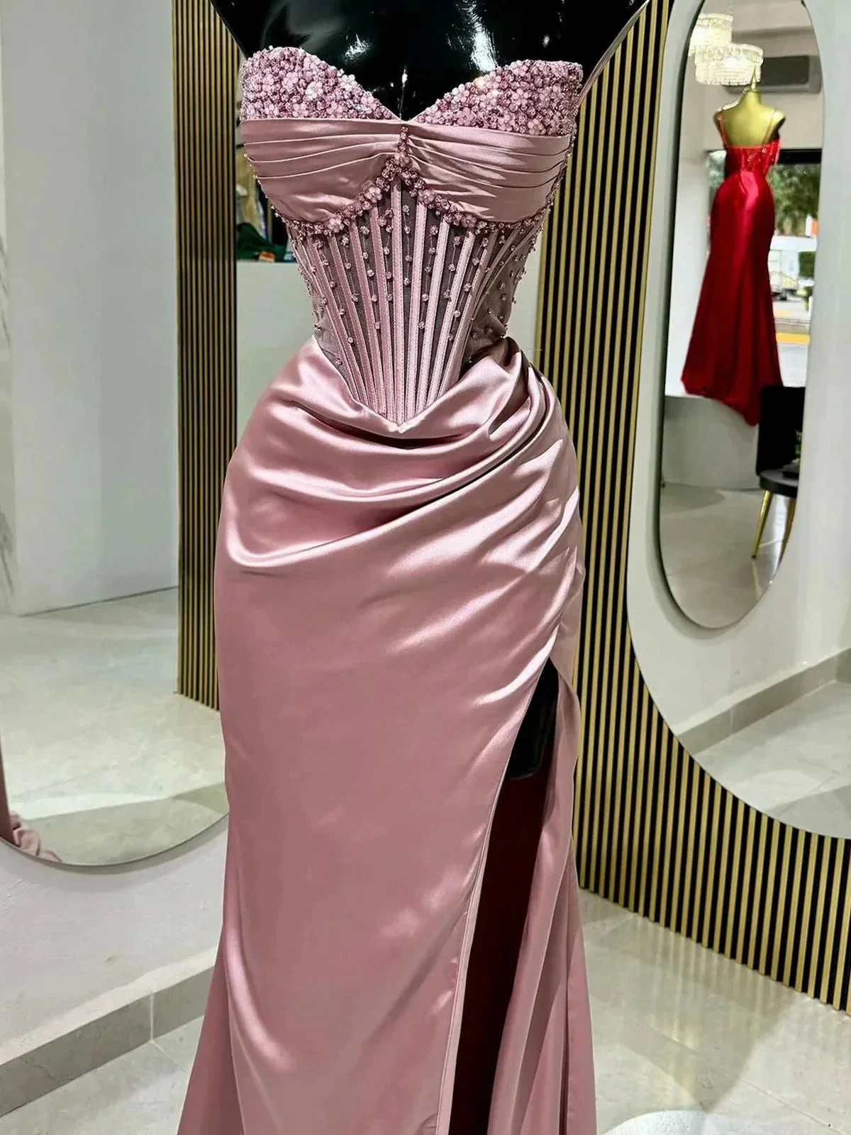 Astraea | Mermaid Strapless Blue Beaded Ruched Long Prom Dress with Slit - Image 7