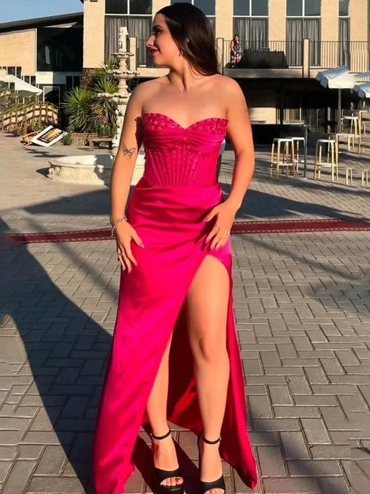 Astraea | Mermaid Strapless Blue Beaded Ruched Long Prom Dress with Slit - Image 9