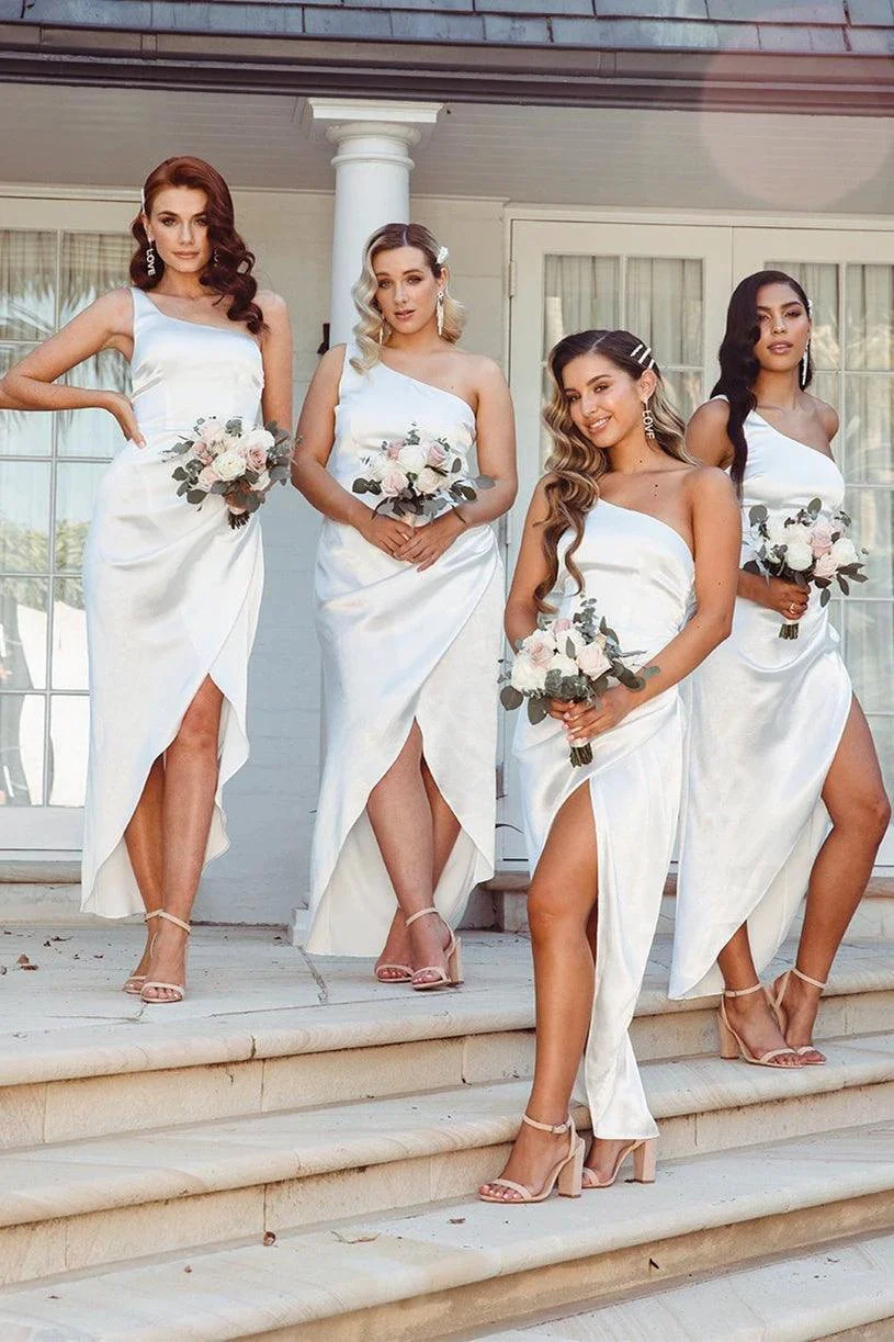 Asymmetrical One Shoulder Satin White Bridesmaid Dress  BD097 - Image 3