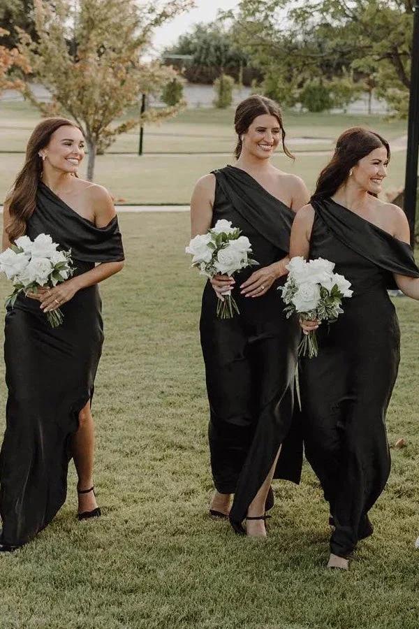 Asymmetrical Ruffle One Shoulder Bridesmaid Dresses with Slit BD141 - Image 3