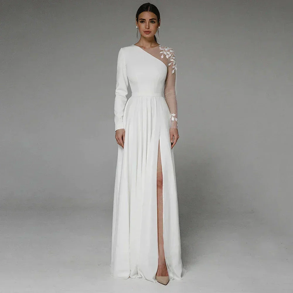 Asymmetrical Side Slit Wedding Dress Long Sleeve Civil Bridal Gown Party For Bride Button Applique Floor Length Свадебное платье - Image 2