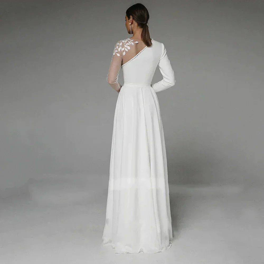 Asymmetrical Side Slit Wedding Dress Long Sleeve Civil Bridal Gown Party For Bride Button Applique Floor Length Свадебное платье - Image 3