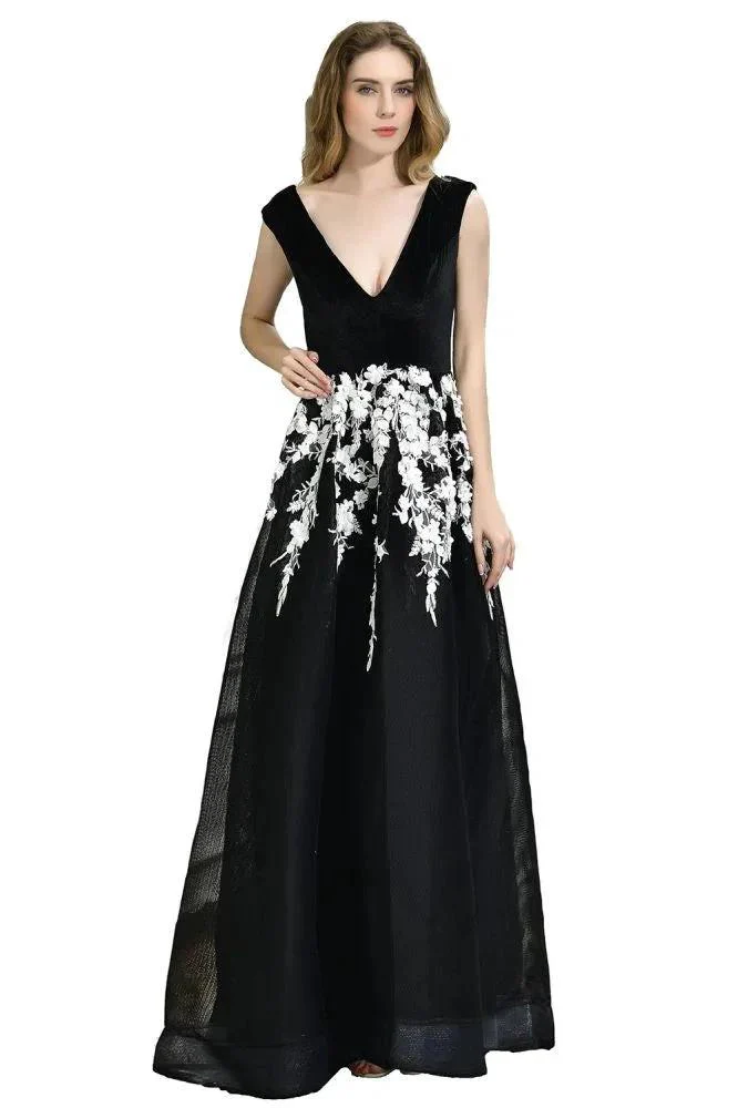 Attractive Black V-neck Aline Prom Dress White Floral Appliques Tulle Party Dress - Image 11