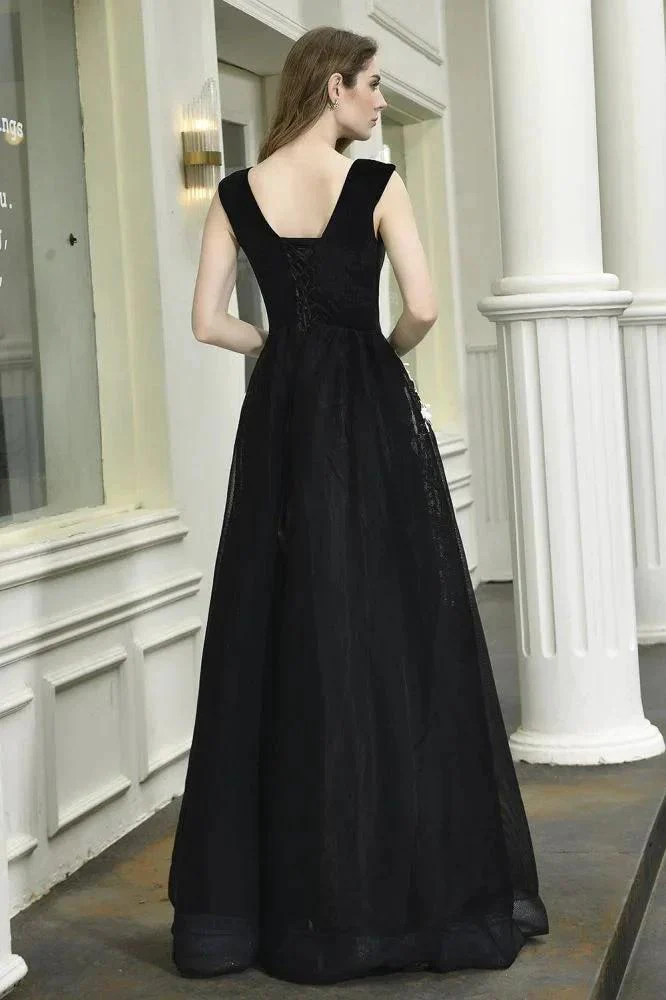 Attractive Black V-neck Aline Prom Dress White Floral Appliques Tulle Party Dress - Image 12
