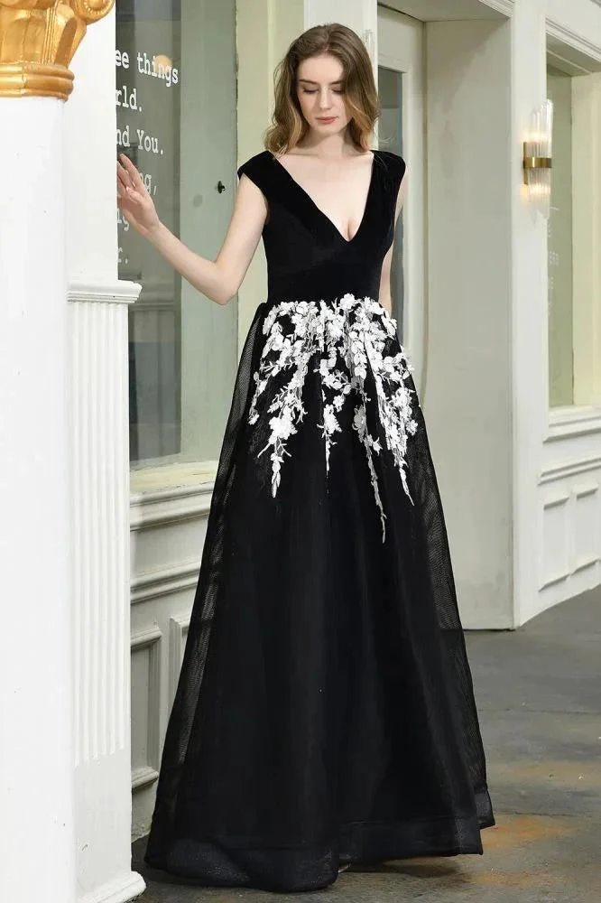 Attractive Black V-neck Aline Prom Dress White Floral Appliques Tulle Party Dress - Image 2