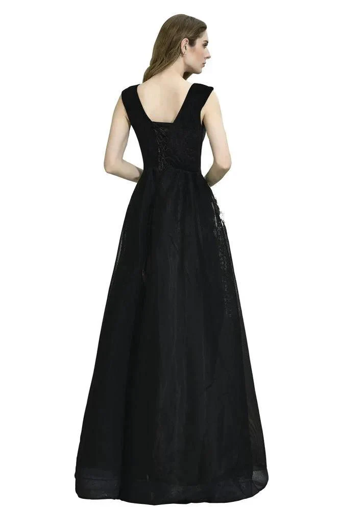 Attractive Black V-neck Aline Prom Dress White Floral Appliques Tulle Party Dress - Image 3