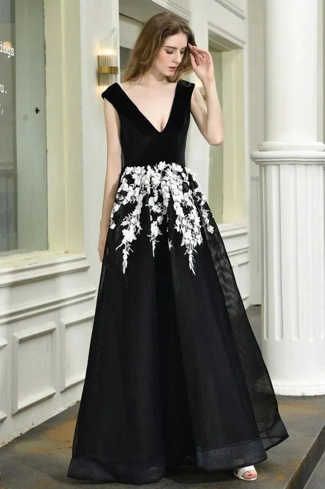 Attractive Black V-neck Aline Prom Dress White Floral Appliques Tulle Party Dress - Image 4