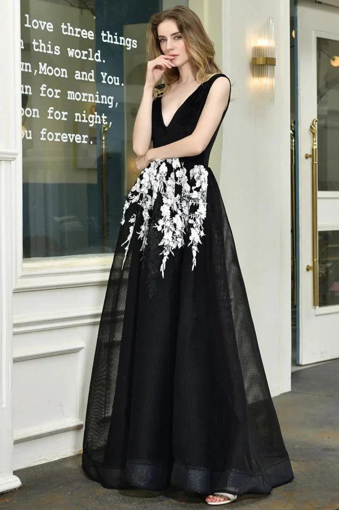 Attractive Black V-neck Aline Prom Dress White Floral Appliques Tulle Party Dress - Image 5