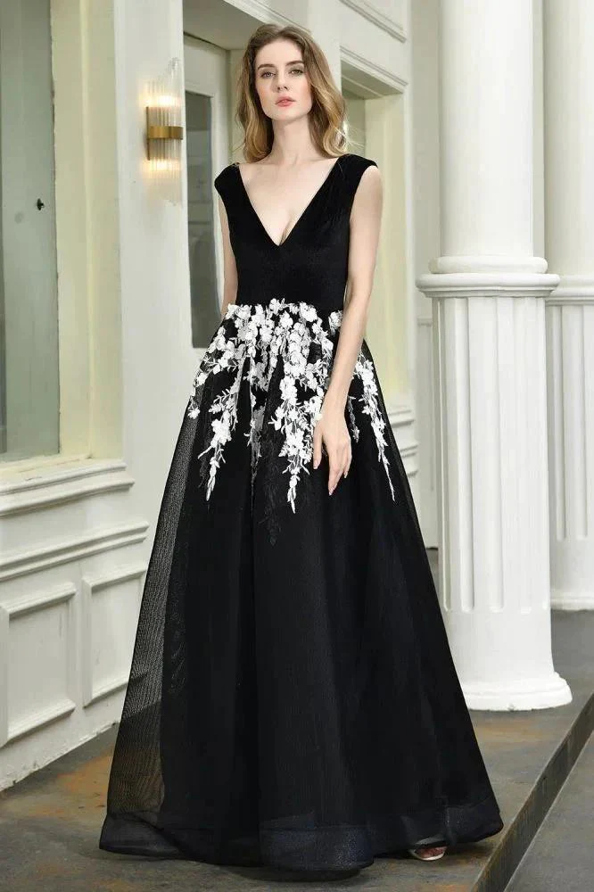 Attractive Black V-neck Aline Prom Dress White Floral Appliques Tulle Party Dress - Image 6