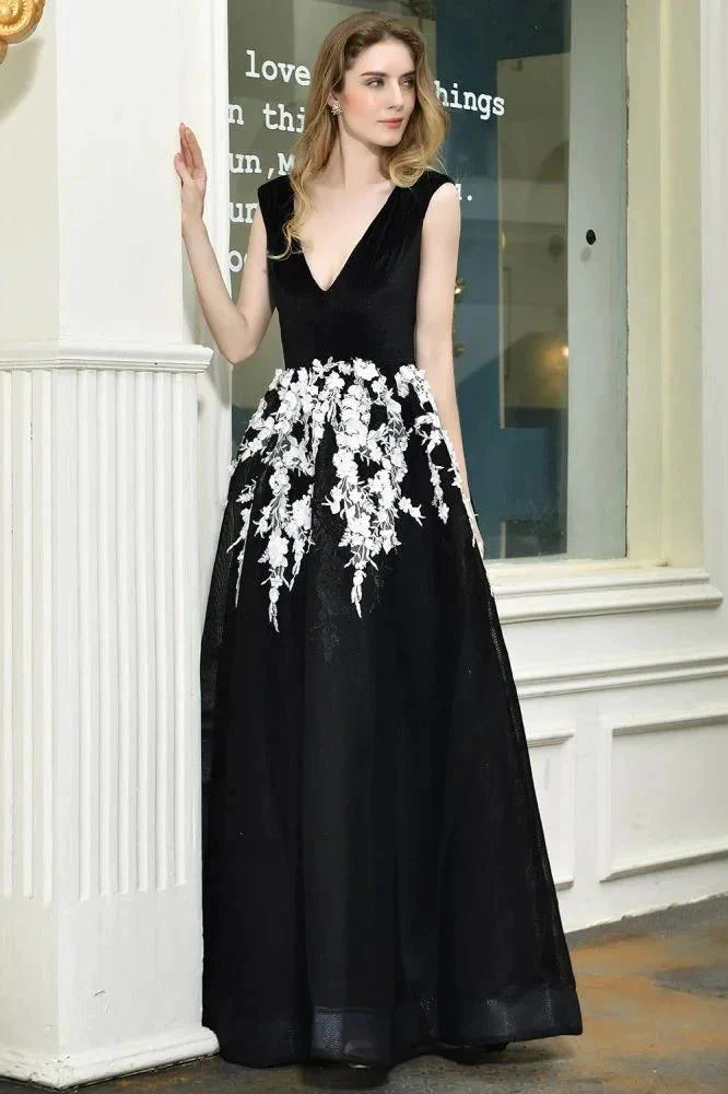 Attractive Black V-neck Aline Prom Dress White Floral Appliques Tulle Party Dress - Image 7