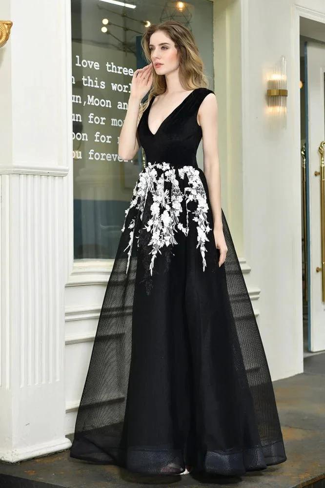 Attractive Black V-neck Aline Prom Dress White Floral Appliques Tulle Party Dress - Image 8