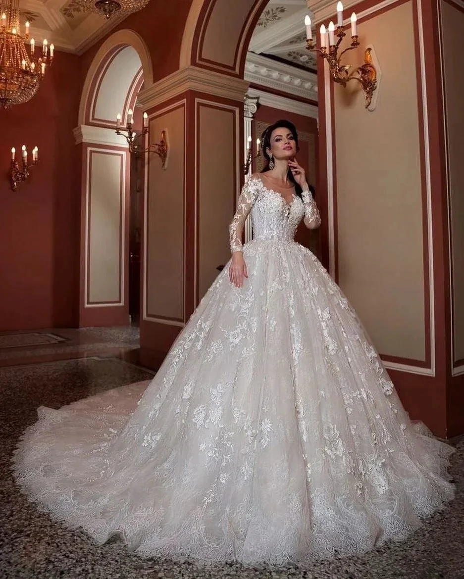 Attractive Long A-Line Bateau Beading Appliques Lace Train Wedding Dress with Sleeves - Image 2